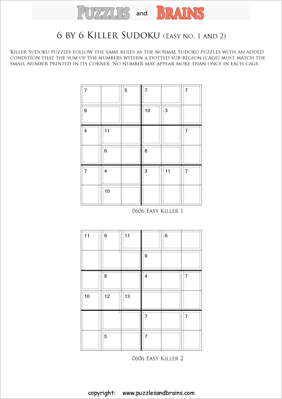 printable easier 6 by 6 killer sudoku math logic puzzles for kids