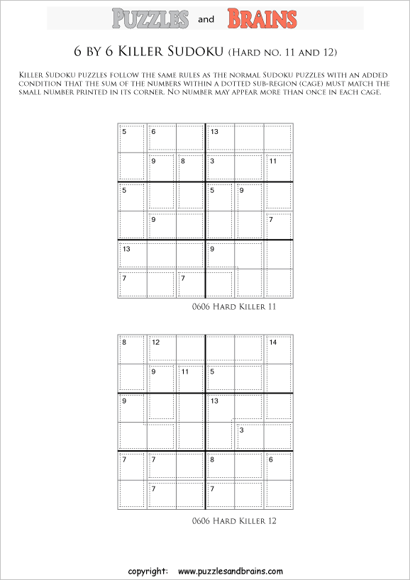 printable 6 by 6 challenging level math Sudoku puzzles for kids