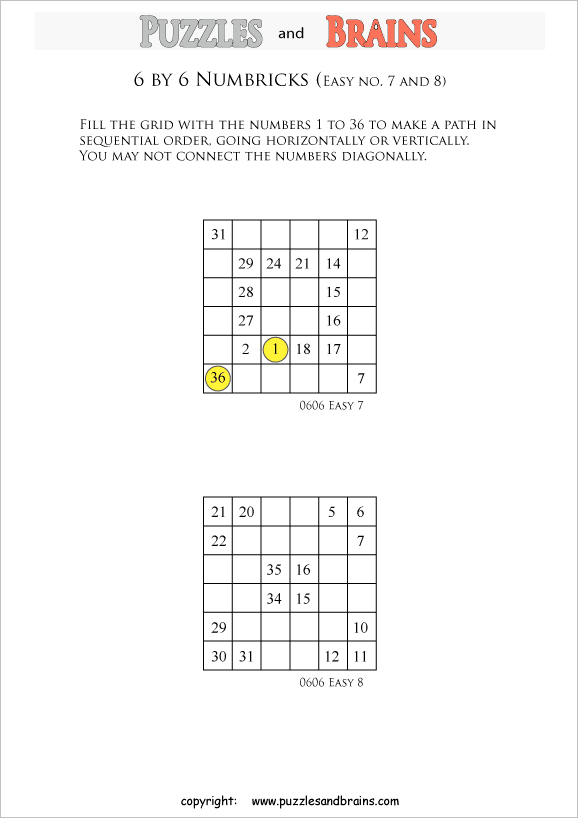 printable easier 6 by 6 Numbrix Number Snake puzzles for young and old