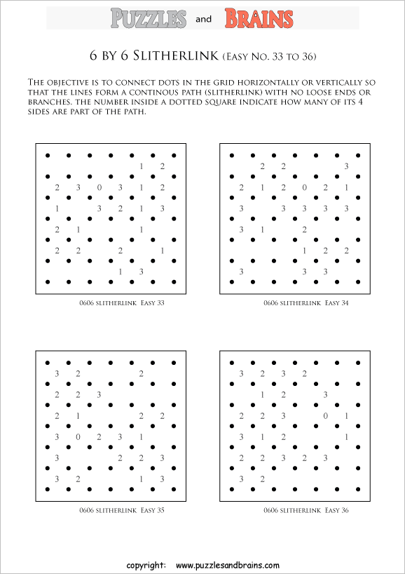printable 6 by 6 easier level Slitherlink logic puzzles