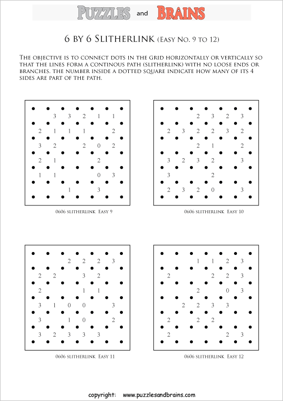 printable 6 by 6 easier level Slitherlink logic puzzles
