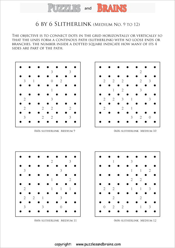 printable 6 by 6 medium level Slitherlink logic puzzles