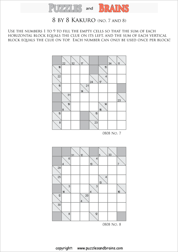 printable 8 by 8 math Kakuro puzzles for young and old math students