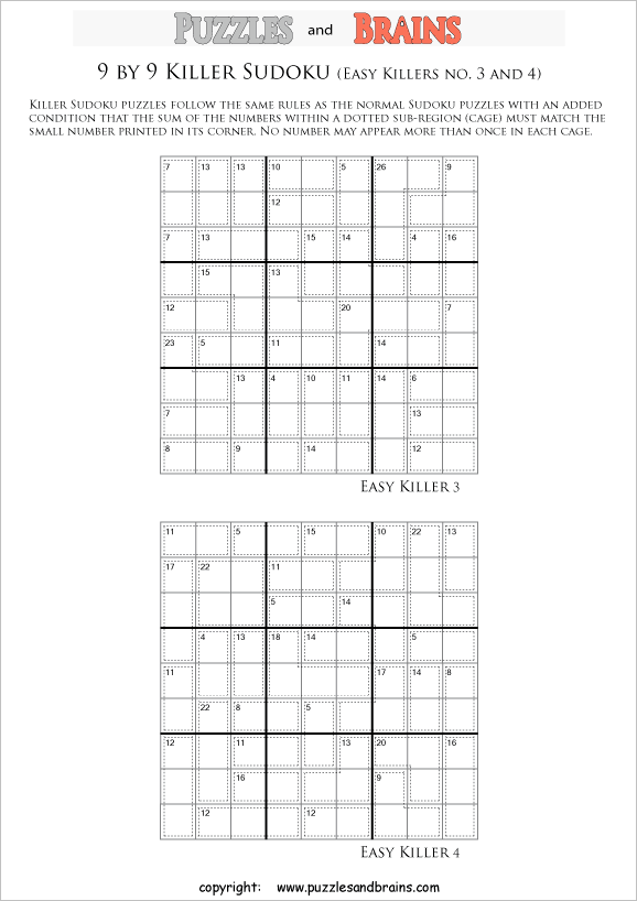 printable easier 9 by 9 killer sudoku math logic puzzles for kids