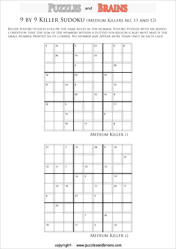 printable 9 by 9 medium level math Sudoku puzzles for kids