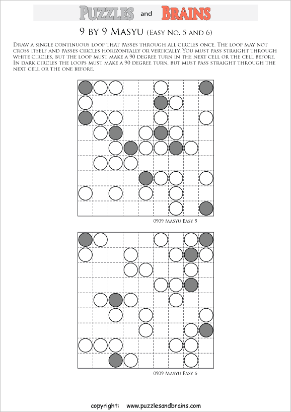printable easier 6 by 6 Japanese Masyu Circles logic puzzles for young and old.