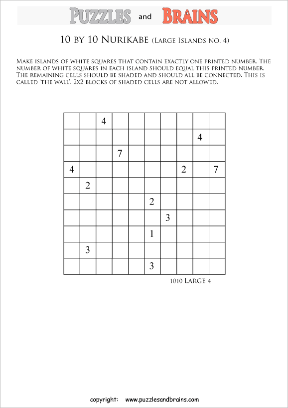 printable 10 by 10 Nurikabe logic puzzles for kids and adults with large sized islands