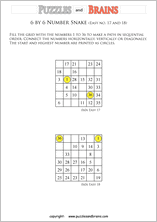 printable easier 6 by 6 Hidato Number Snake puzzles for young and old