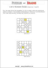 printable difficult 6 by 6 Hidato Number Snake puzzles for young and old