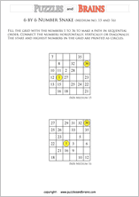 printable medium 6 by 6 Hidato Number Snake puzzles for young and old