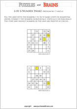 printable medium 6 by 6 Hidato Number Snake puzzles for young and old