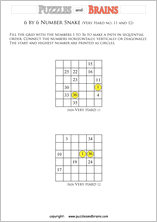 printable very difficult 6 by 6 Hidato Number Snake puzzles for young and old