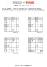 printable 6 by 6 math Kakuro puzzles for young and old math students