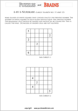printable 6 by 6 Nurikabe logic puzzles for kids and adults with large sized islands