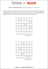 printable 6 by 6 Nurikabe logic puzzles for kids and adults with large sized islands