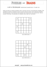printable 6 by 6 Nurikabe logic puzzles for kids and adults with medium sized islands