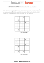 printable 6 by 6 Nurikabe logic puzzles for kids and adults with medium sized islands