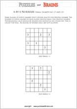 printable 6 by 6 Nurikabe logic puzzles for kids and adults with small islands