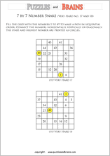 printable very difficult 7 by 7 Hidato Number Snake puzzles for young and old