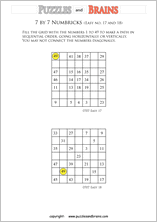 printable easier 7 by 7 Numbrix Number Snake puzzles for young and old