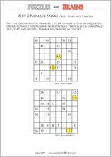 printable very difficult 8 by 8 Hidato Number Snake puzzles for young and old