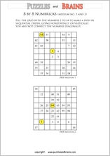 printable 8 by 8 medium level Numbrix logic IQ puzzles
