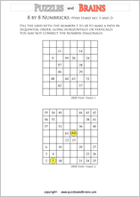 printable 8 by 8 very hard level Numbrix logic IQ puzzles