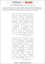 printable easier 9 by 9 Kuromasu logic puzzles for young and old