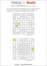 printable easier 9 by 9 Numbrix Number Snake puzzles for young and old