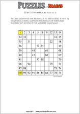 printable easier 10 by 10 Numbrix Number Snake puzzles for young and old