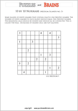 printable 10 by 10 Nurikabe logic puzzles for kids and adults with medium sized islands