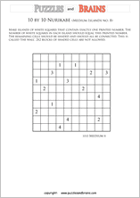 printable 10 by 10 Nurikabe logic puzzles for kids and adults with medium sized islands