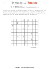 printable 10 by 10 Nurikabe logic puzzles for kids and adults with small sized islands