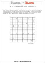 printable 10 by 10 Nurikabe logic puzzles for kids and adults with small sized islands