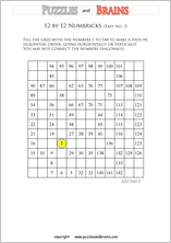 printable easier 12 by 12 Numbrix Number Snake puzzles for young and old