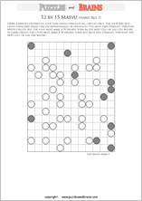 printable difficult level 12 by 15 Japanese Masyu Circles logic puzzles for young and old.