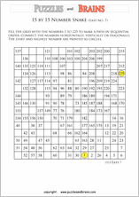printable easier 15 by 15 Hidato Number Snake puzzles for young and old