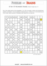 printable very difficult 15 by 15 Hidato Number Snake puzzles for young and old