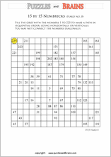 printable 15 by 15 difficult level Numbrix logic IQ puzzles