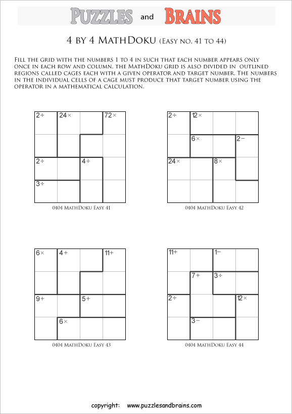 printable 4 by 4 easier Mathdoku, KenKen-like, math puzzles for young and old