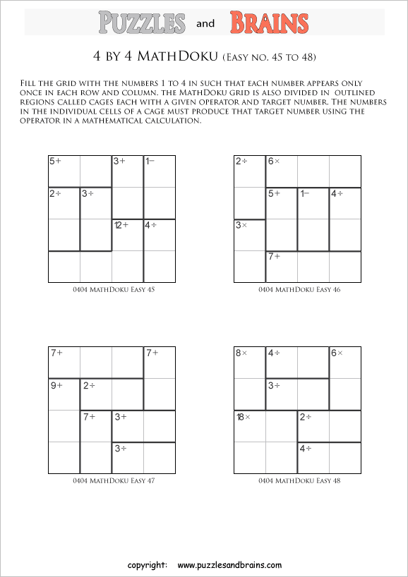 printable 4 by 4 easier Mathdoku, KenKen-like, math puzzles for young and old