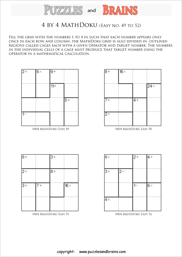 printable 4 by 4 easier Mathdoku, KenKen-like, math puzzles for young and old