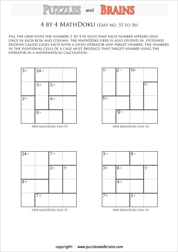 printable 4 by 4 easier Mathdoku, KenKen-like, math puzzles for young and old