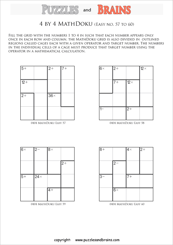 printable 4 by 4 easier Mathdoku, KenKen-like, math puzzles for young and old