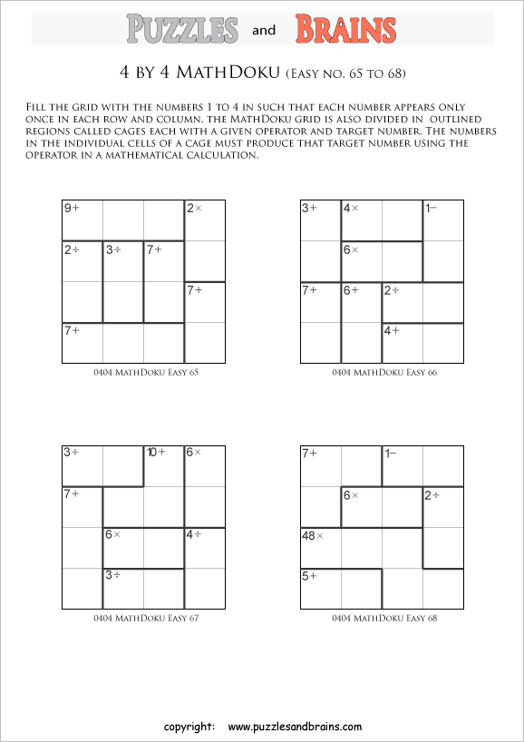 printable 4 by 4 easier Mathdoku, KenKen-like, math puzzles for young and old