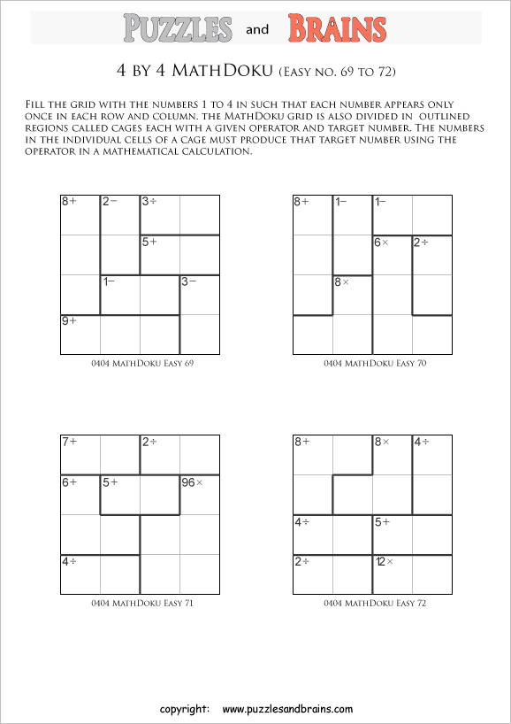 printable 4 by 4 easier Mathdoku, KenKen-like, math puzzles for young and old