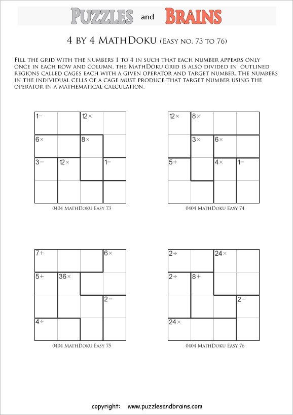 printable 4 by 4 easier Mathdoku, KenKen-like, math puzzles for young and old