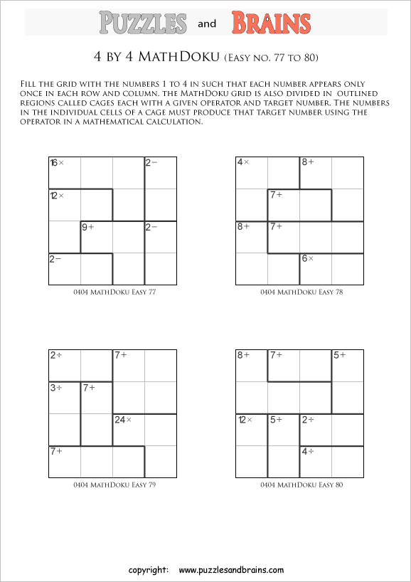 printable 4 by 4 easier Mathdoku, KenKen-like, math puzzles for young and old