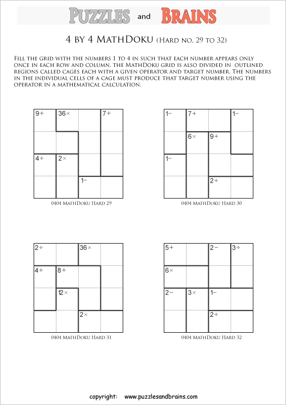 printable 4 by 4 difficult level Mathdoku, KenKen-like, math puzzles for young and old