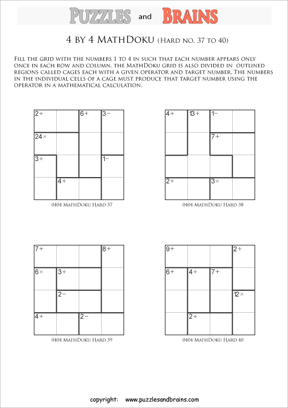 printable 4 by 4 difficult level Mathdoku, KenKen-like, math puzzles for young and old